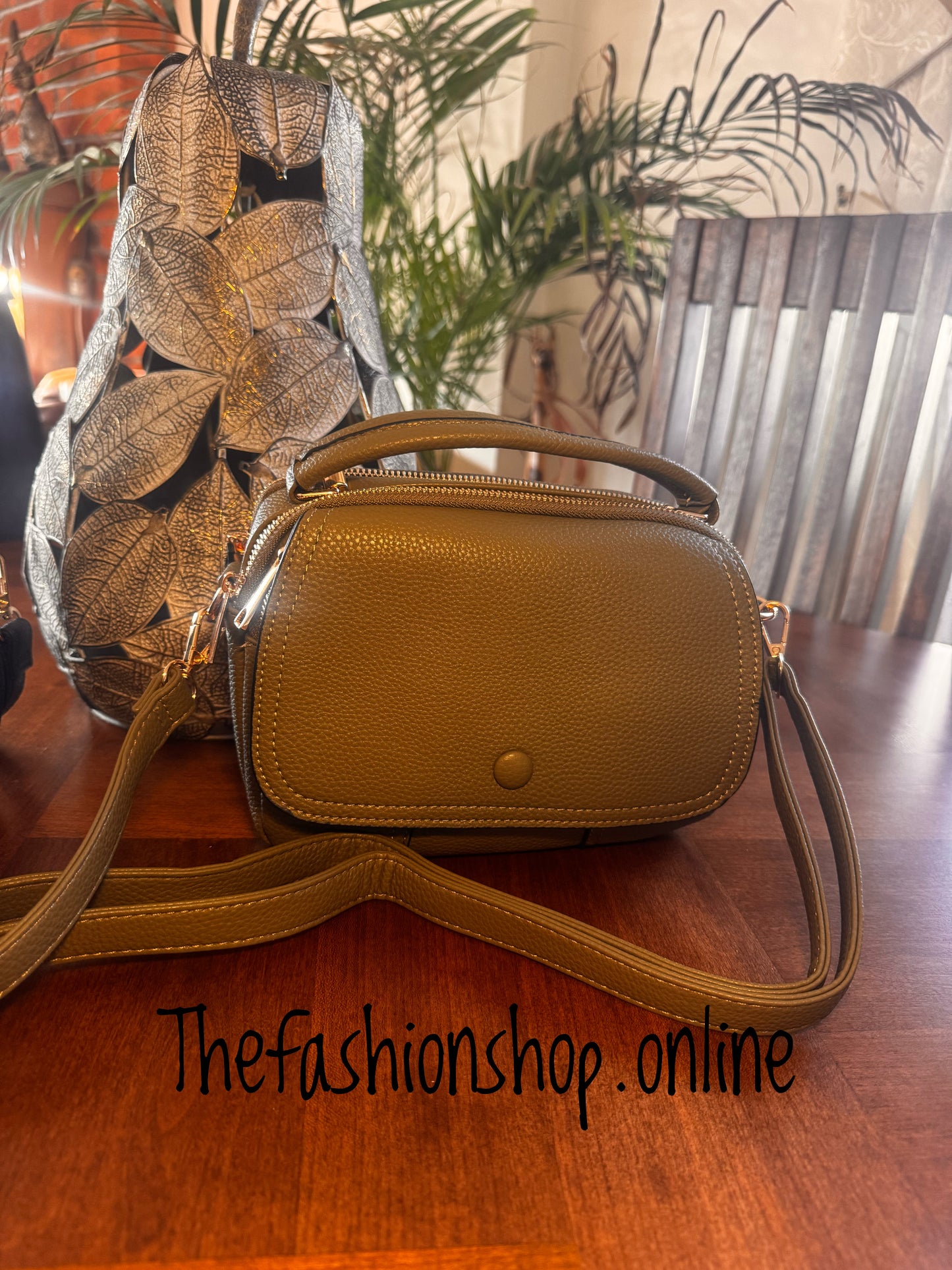 Trinny Triple Zip Shoulder Bag in Khaki Green