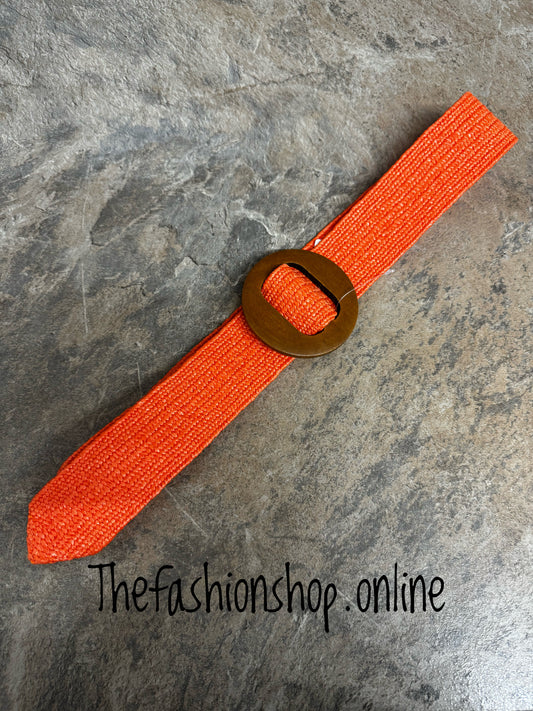 Orange rattan belt with wooden buckle