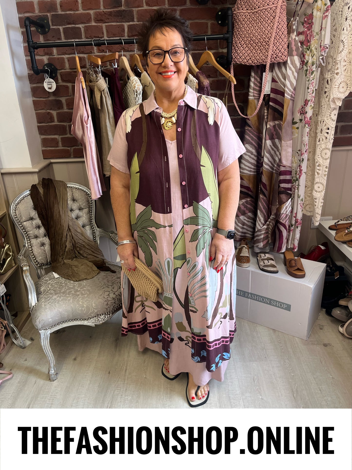 Fly Out Scenic Palm Tree Linen Mix Dress / Jacket in Pink 12-18