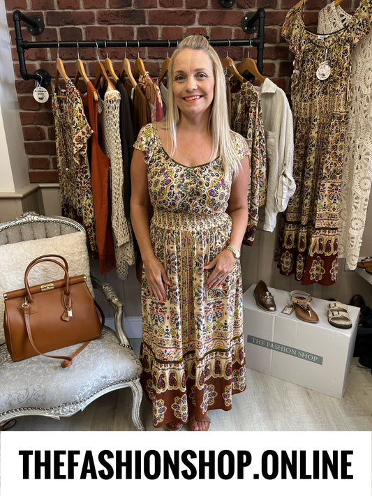 Celia brown paisley printed dress sizes 10, 12, 14 and 16