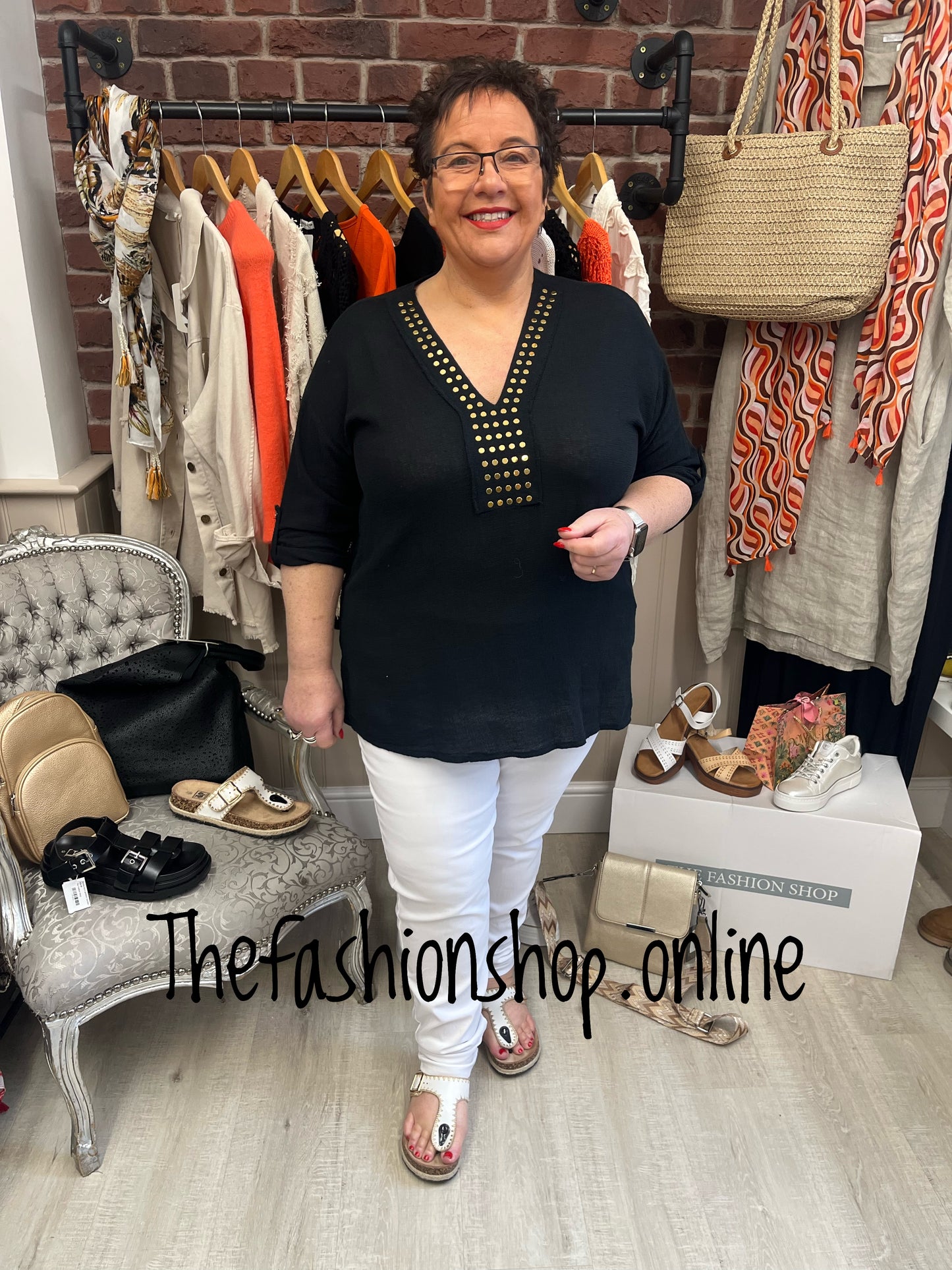 Zoe black linen mix studded top 12-20