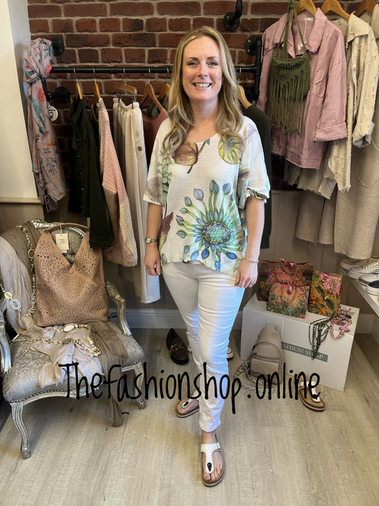 Eileen green and brown floral top 10-16