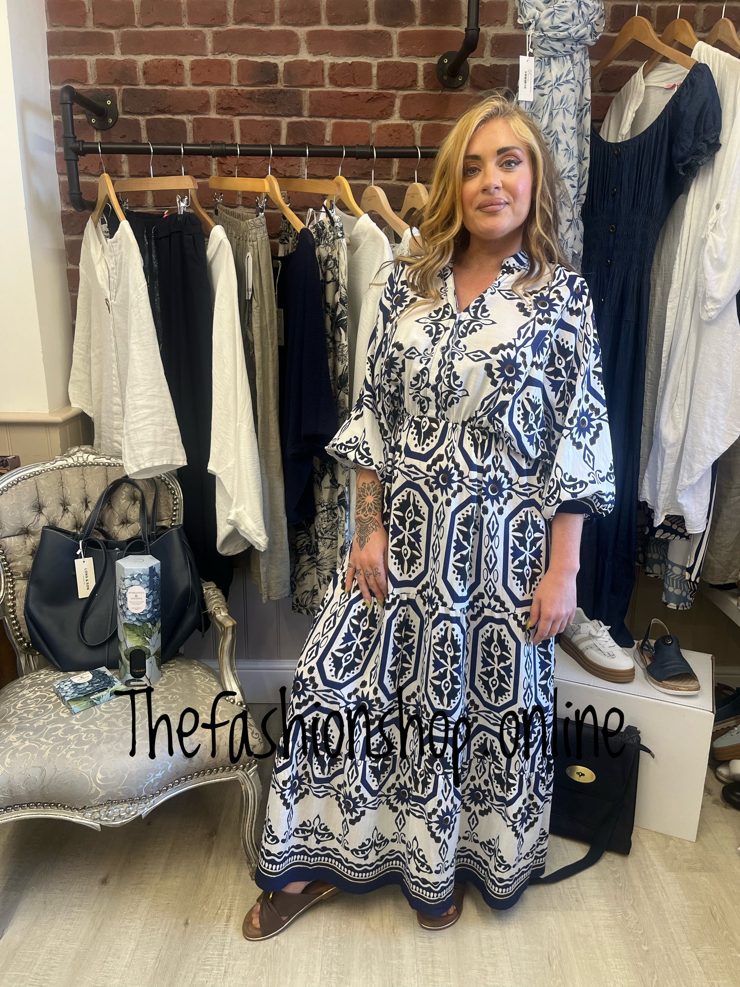 Wendy navy mosaic print smock maxi dress 8-14