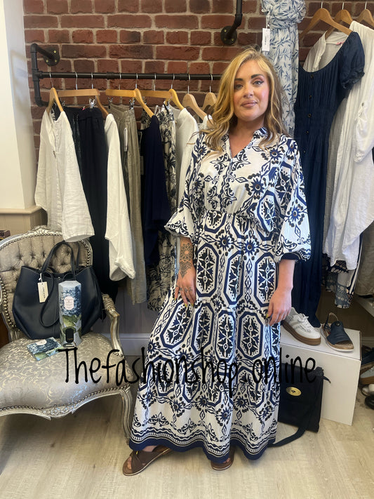 Wendy navy mosaic print smock maxi dress 8-14