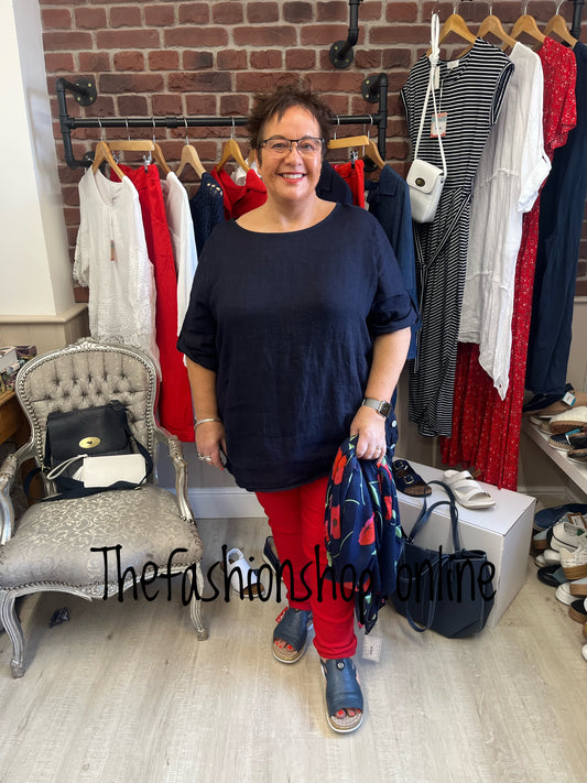Ebony navy linen side button top 14-20