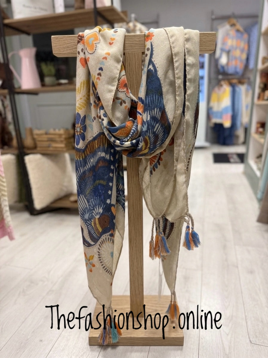 Sarah Tempest beige Swedish print scarf