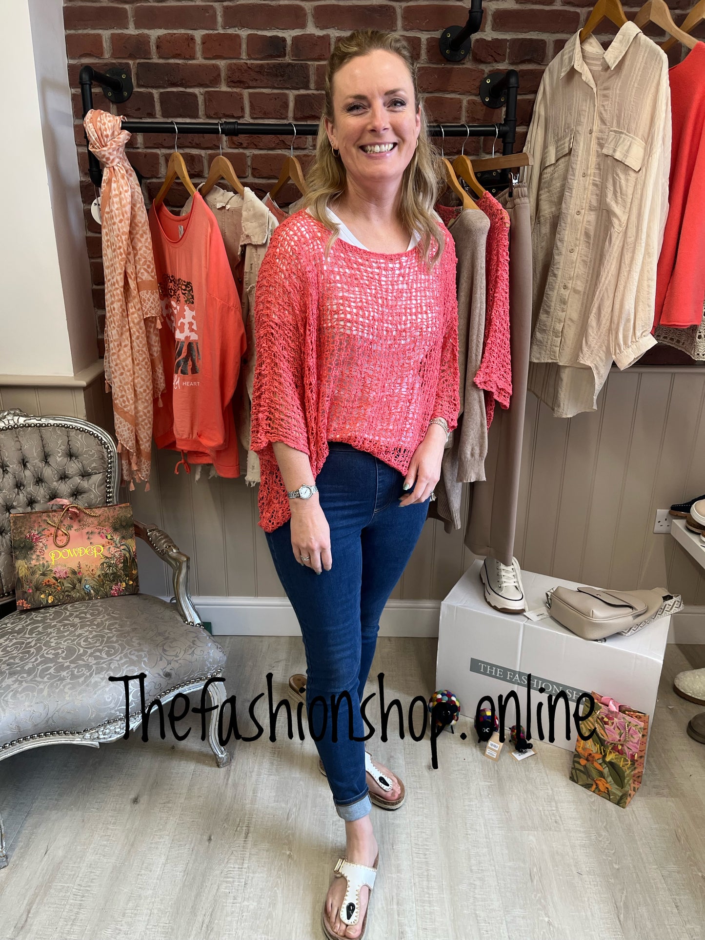 Coral popcorn open knit top 10-20