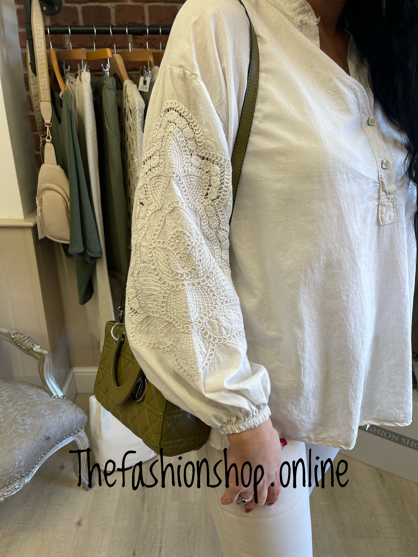 Beige embroidered sleeve shirt 10-18