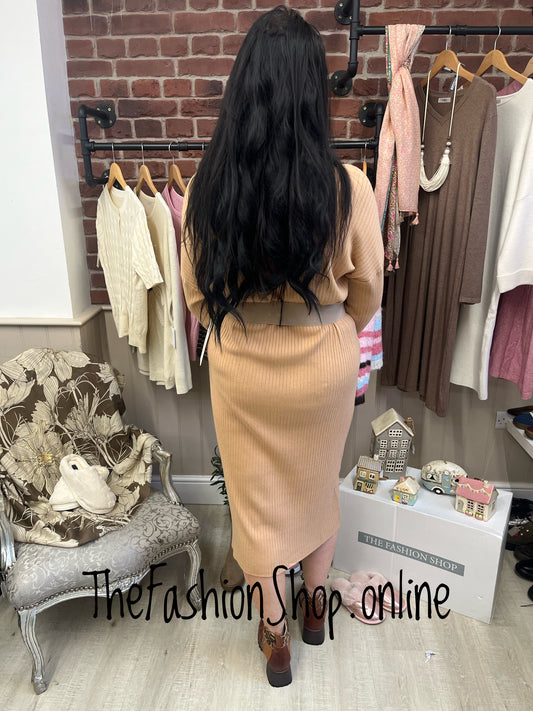 Violet camel V neck ribbed dress 14-18