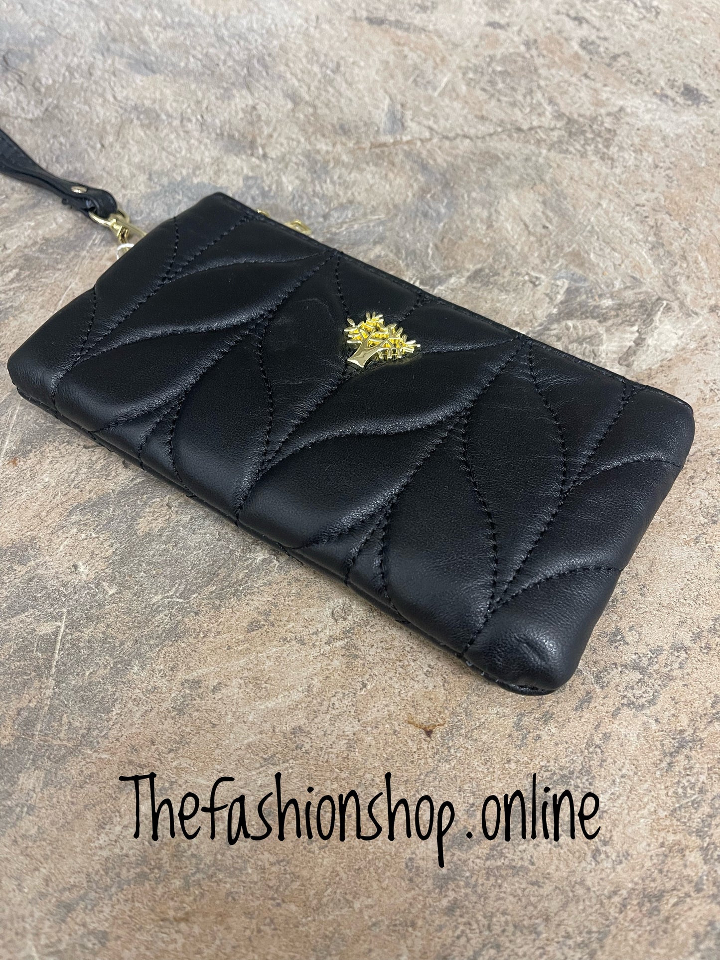 Black leather quilted wristlet