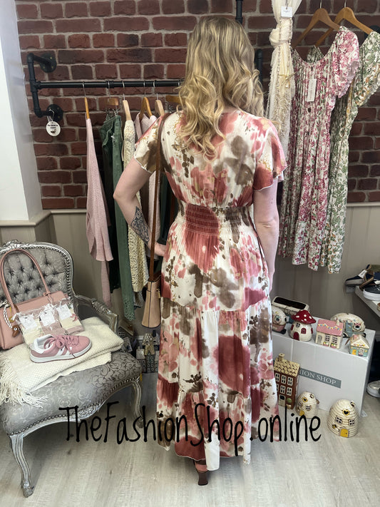 Harmony pink, taupe and cream printed dress 10-18