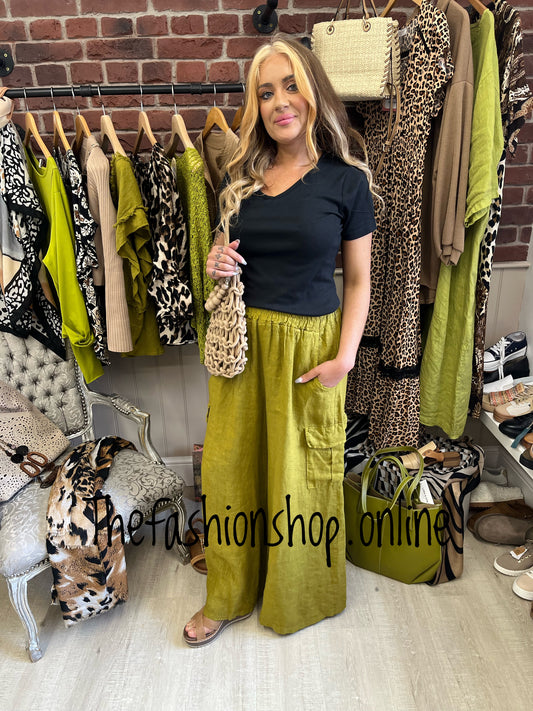Olive linen wide leg combat trousers 10-16