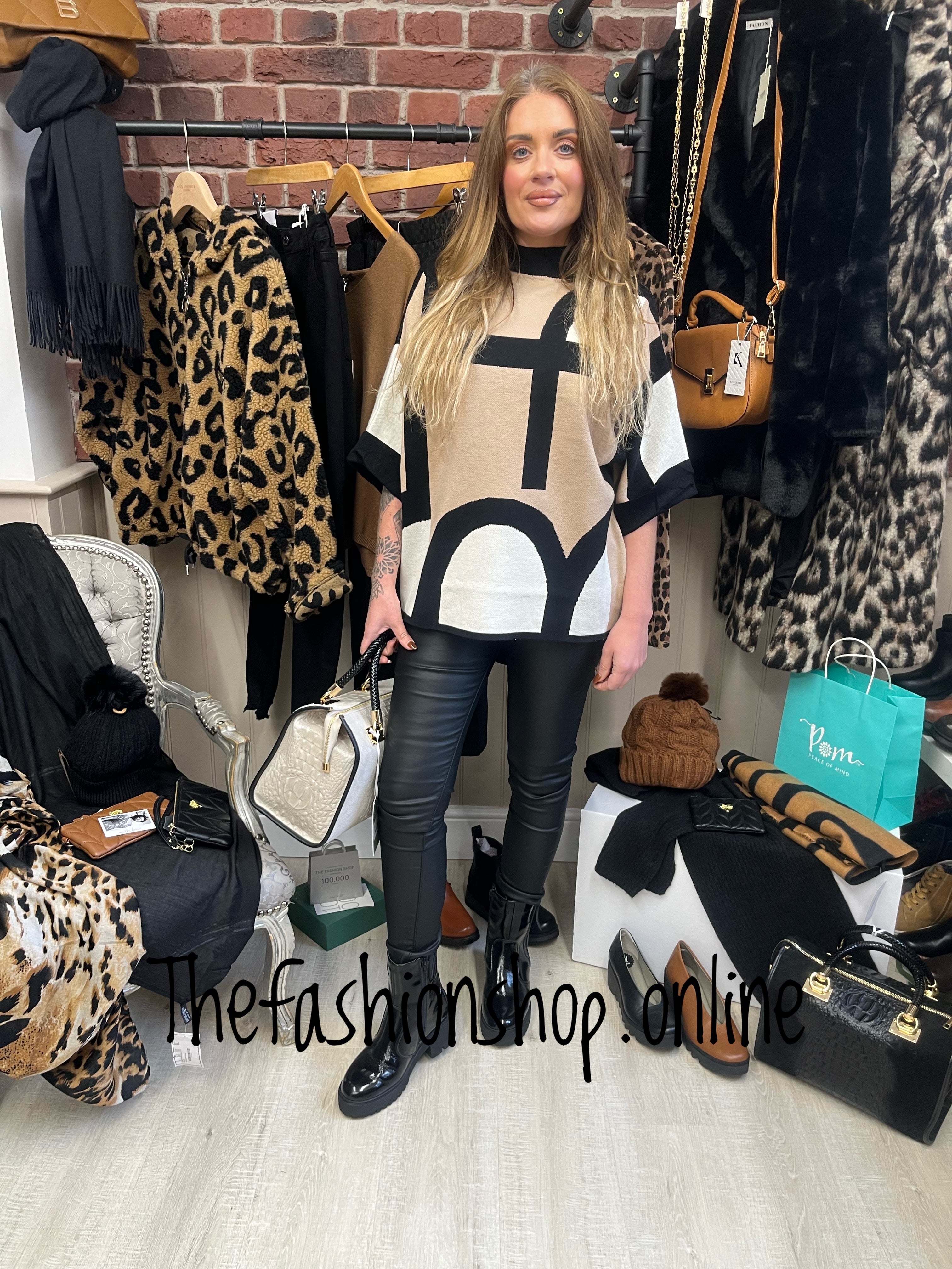 Sarah Tempest camel and black retro shapes jumper 10 18 The Fashion Shop