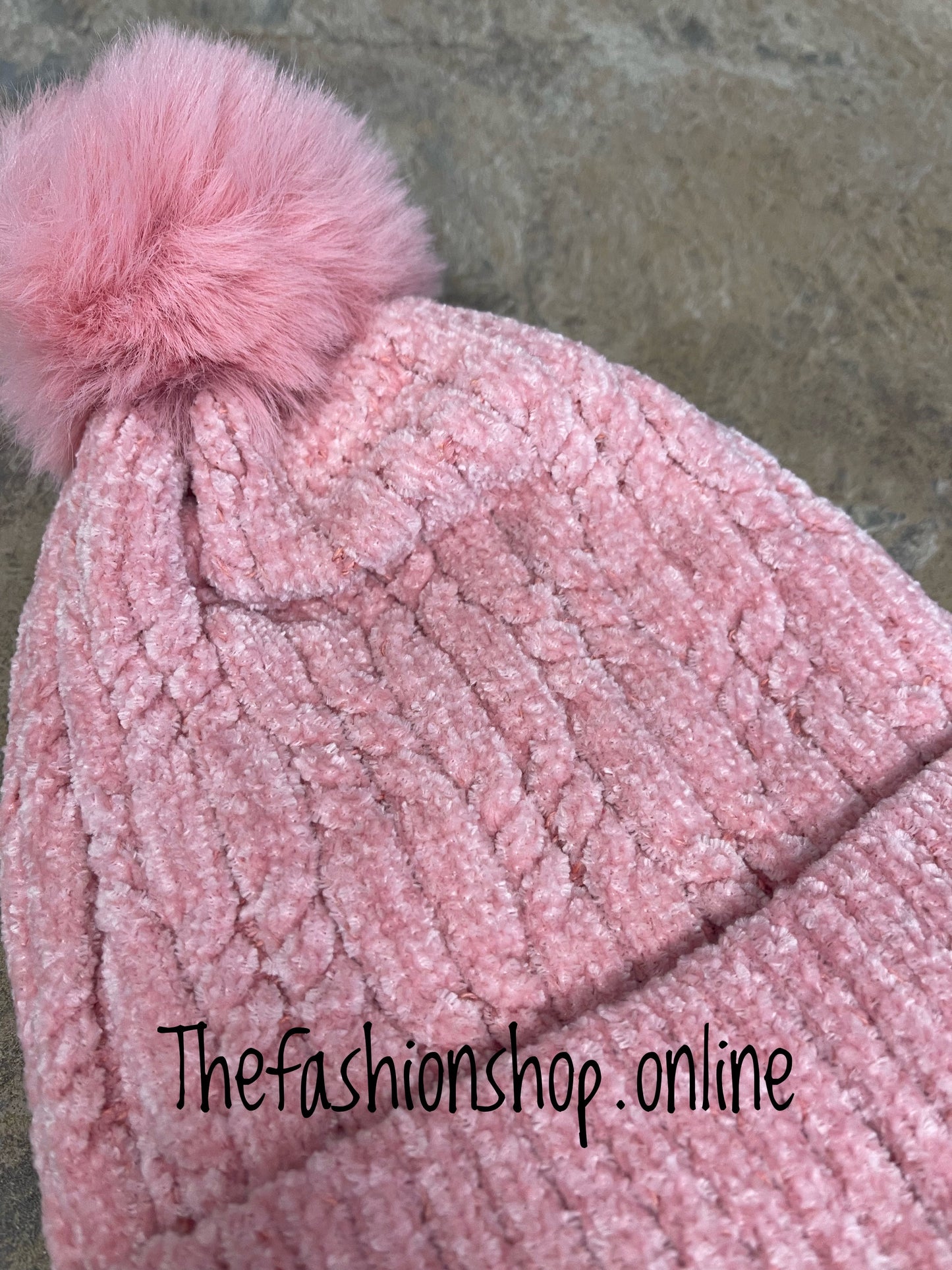 Pink chenille fleece lined pompom hat
