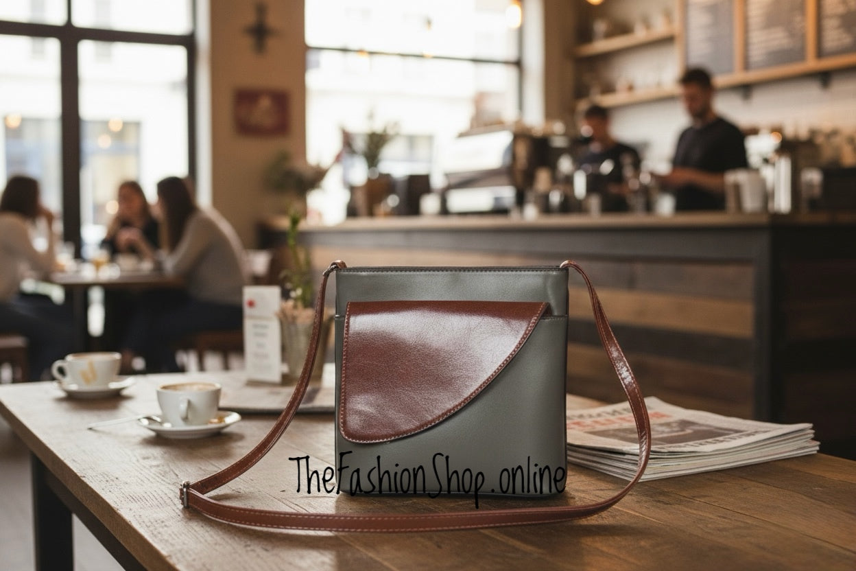 Ladies Binocular Cross Body Bag in Grey and Tan