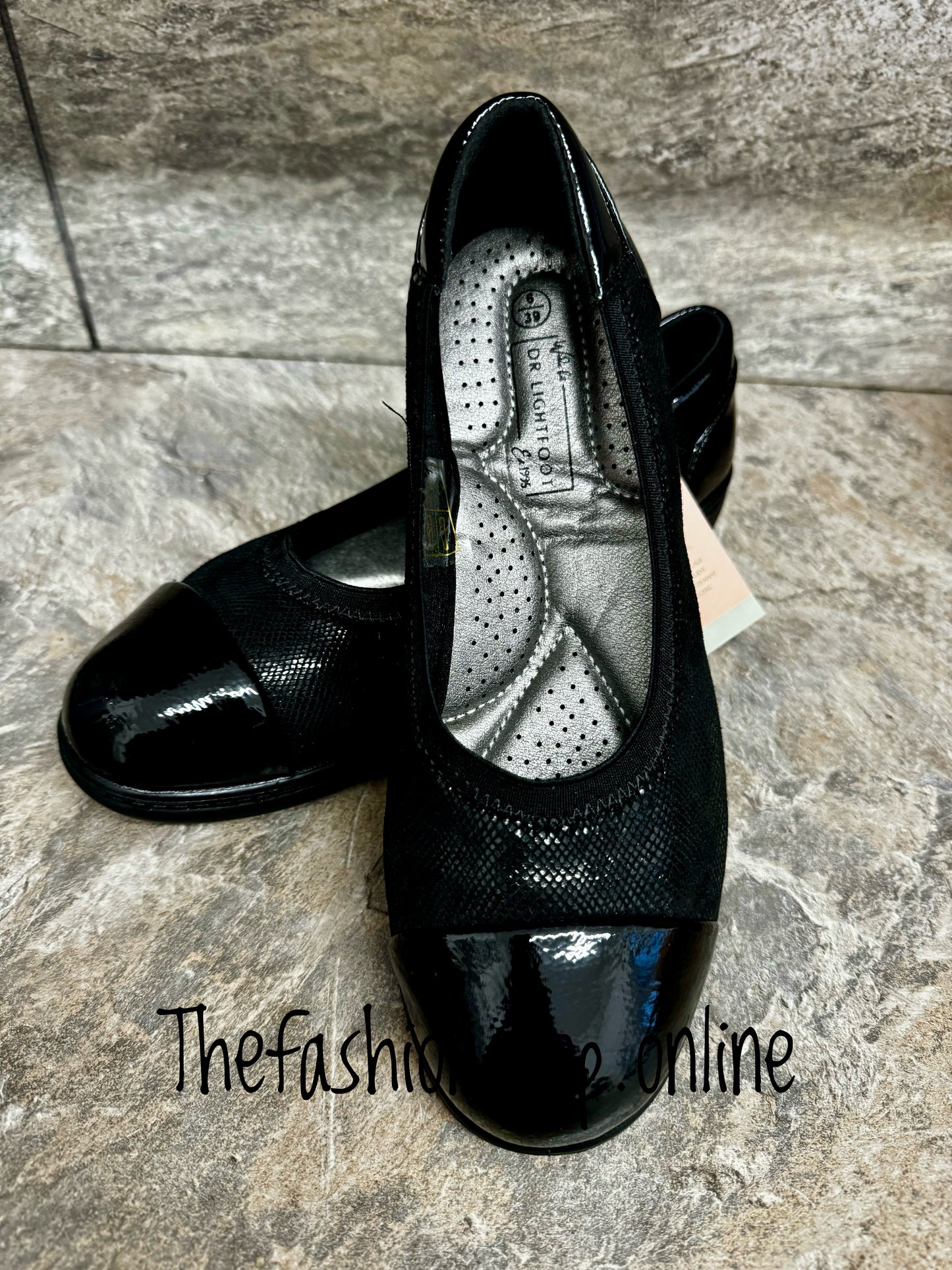 Dr Lightfoot Black Wide E Fit Patent Shoe sizes 3-8