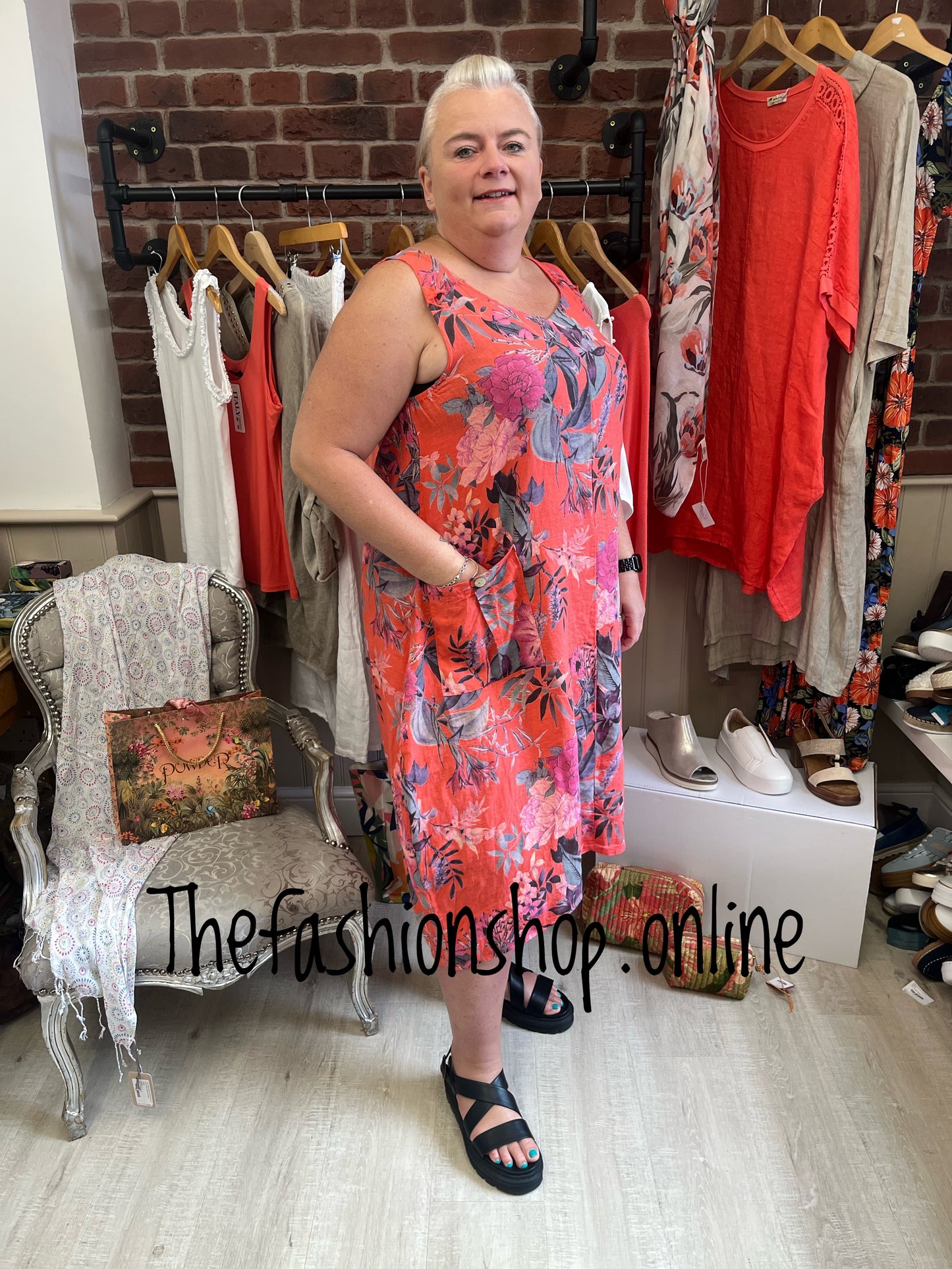 Melanie coral floral linen dress 10-18