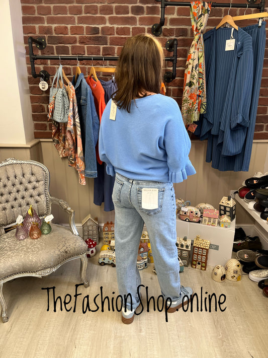 Tess blue jumper with frill sleeve 8-14