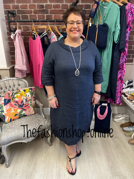Evelyn navy linen cocoon dress 16-22