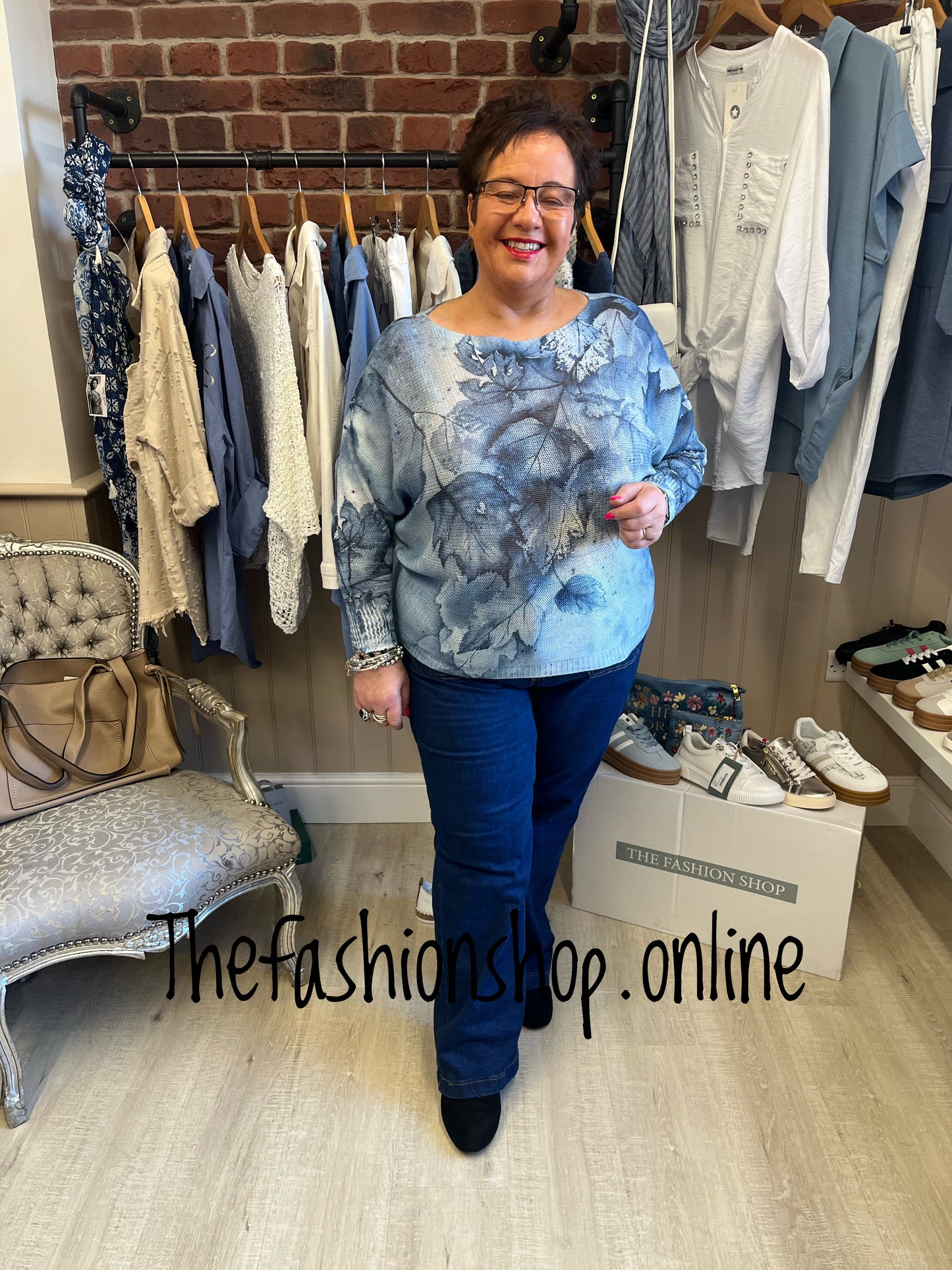 Helena blue leaves fine knit jumper 8-18