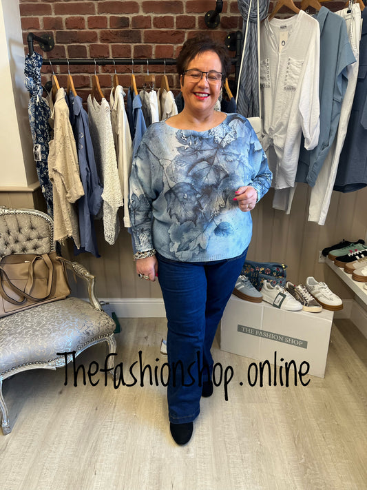 Helena blue leaves fine knit jumper 8-18