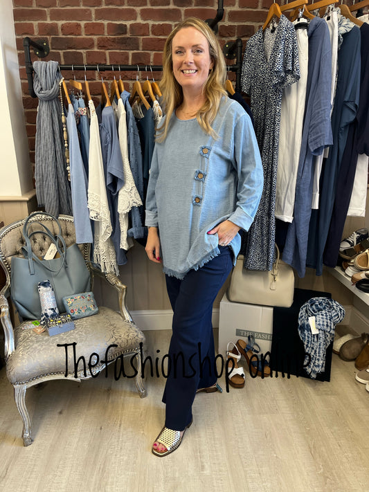 Penny denim blue frayed hem top 10-18