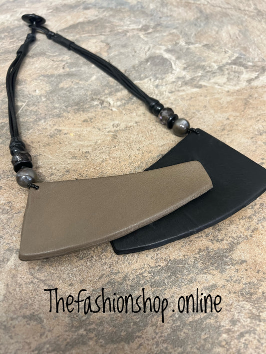 Sarah Tempest geometric faux leather shaped necklace
