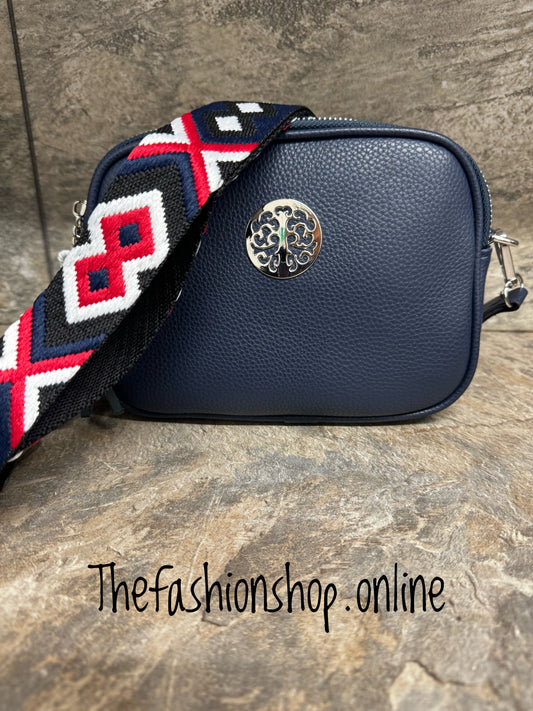 Navy faux leather bag with tassels