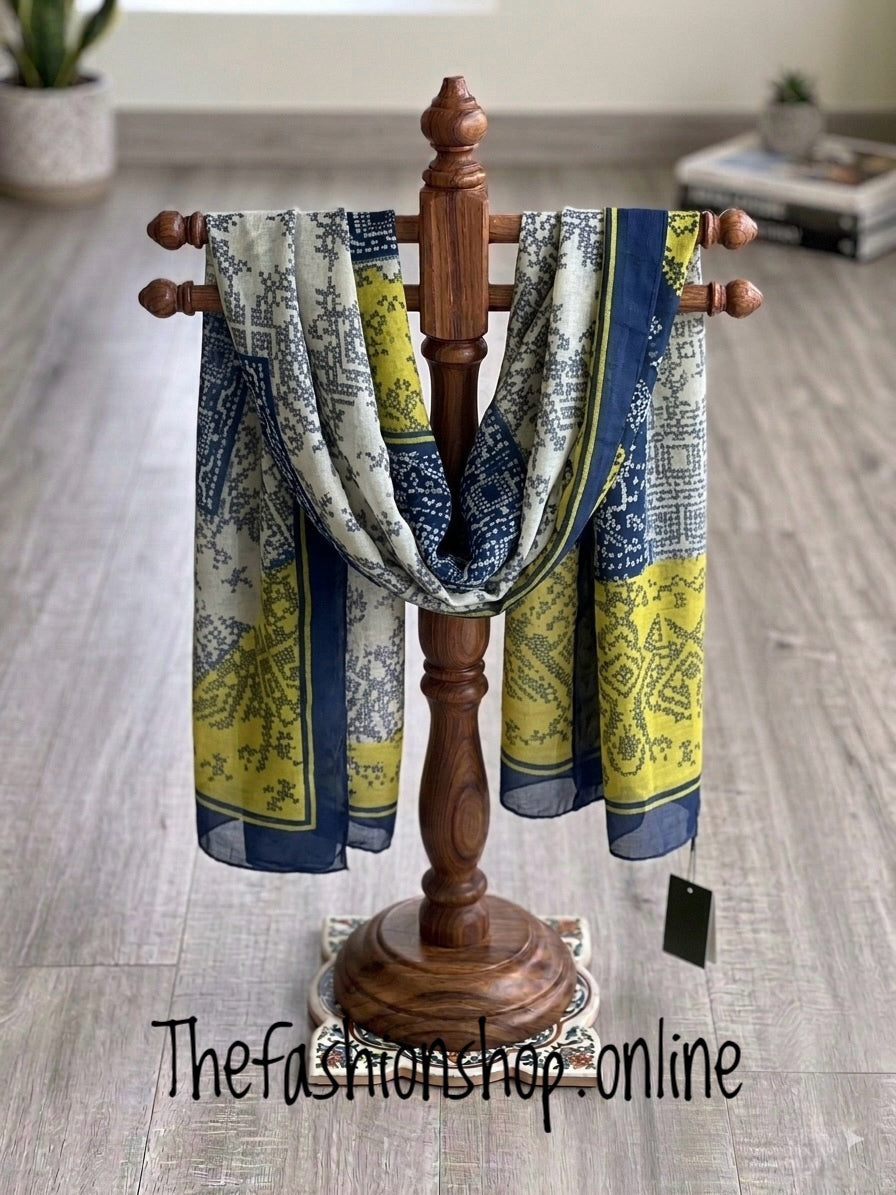 Mustard and navy Aztec print scarf