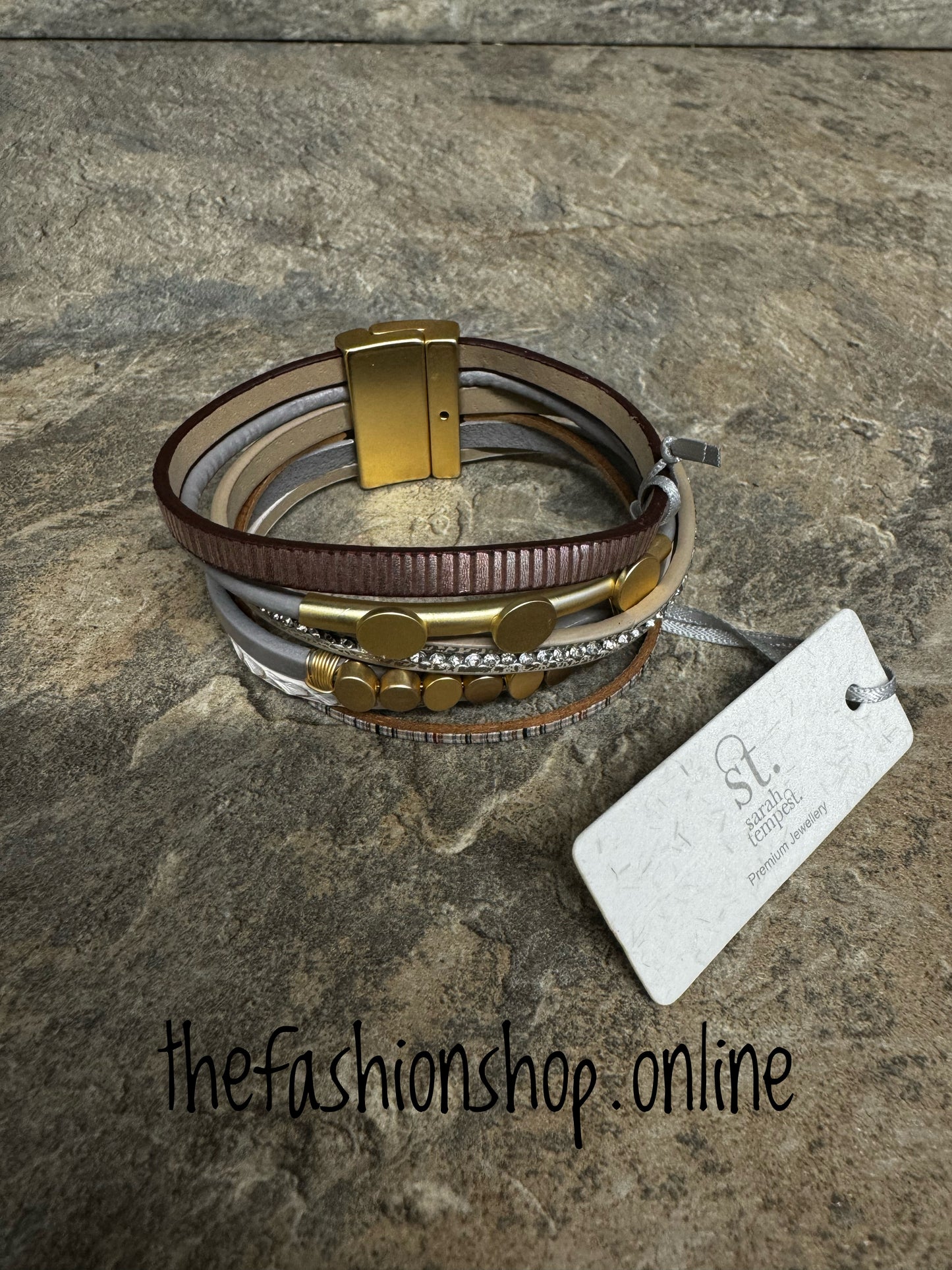 Sarah Tempest leather discs and ovals magnetic bracelet.