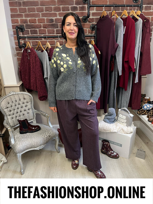 Harriet grey wool mix floral cardigan sizes 10-12, 14-16 and 18-20