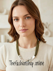 Twist Statement Necklace in Silver with Khaki Cord