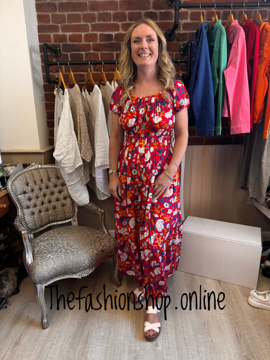 Lillie red orange blue and white floral gypsy maxi dress 8-18