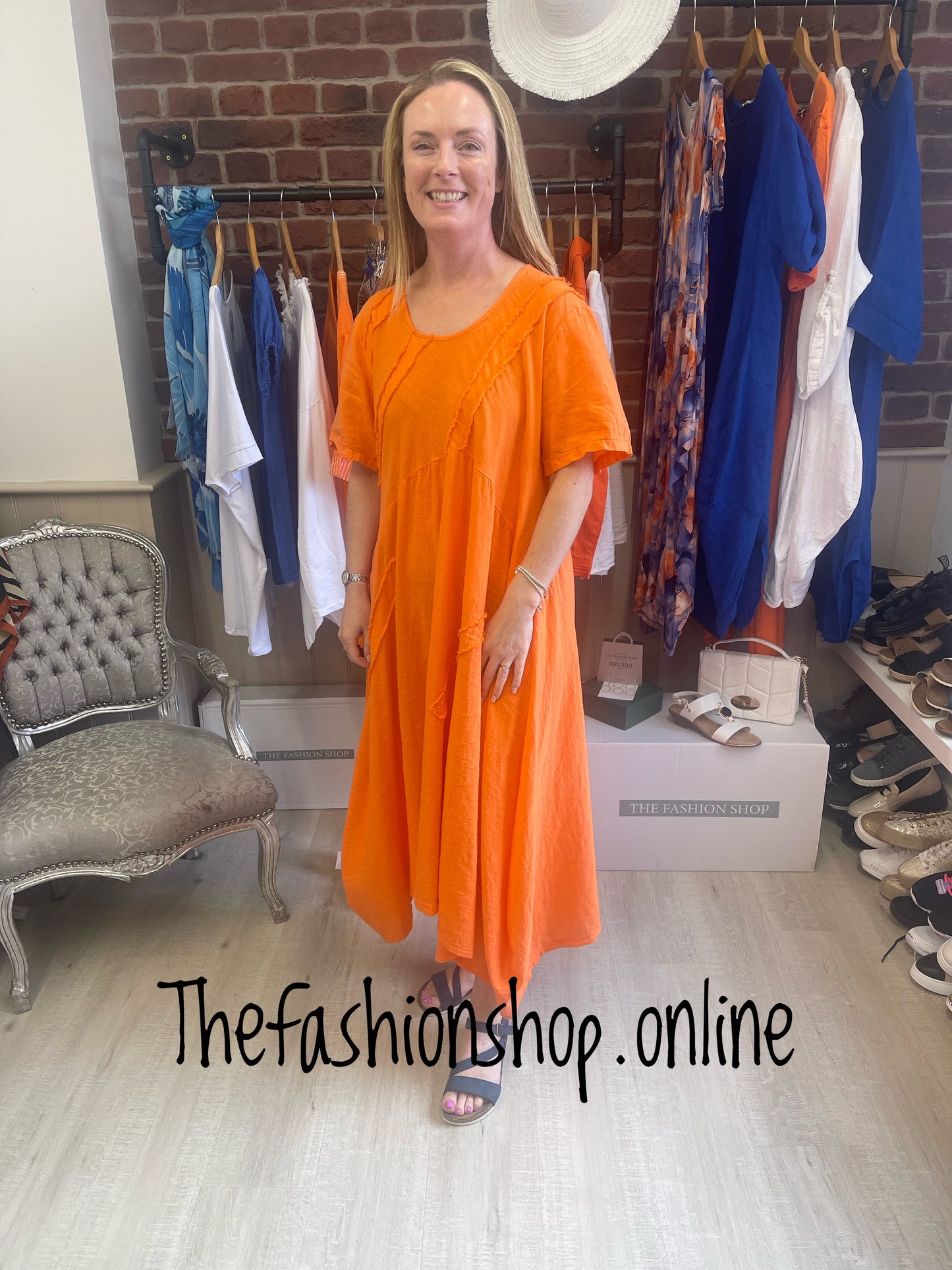 Orange linen dipped hem dress 8-18