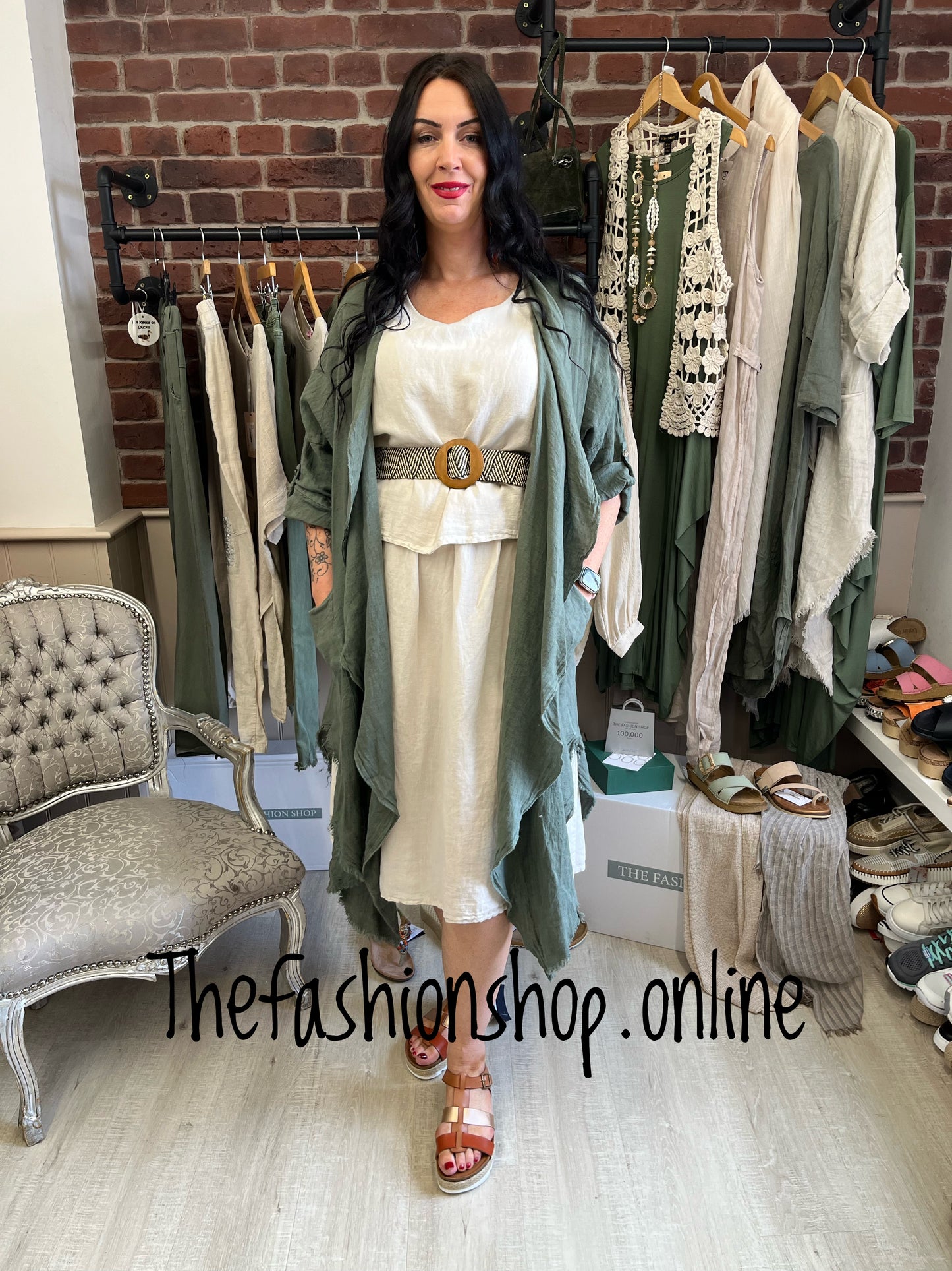 Khaki linen raw edge waterfall jacket 12-22