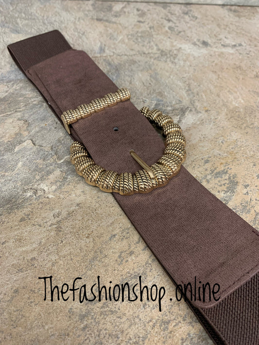 Brown faux suede gold buckle belt
