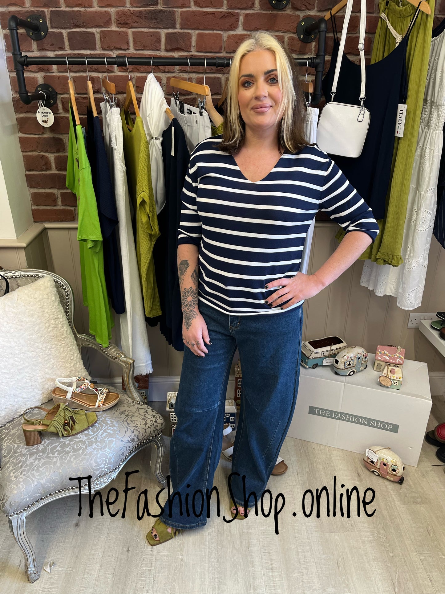 Isabella navy and white striped V neck top 8-14
