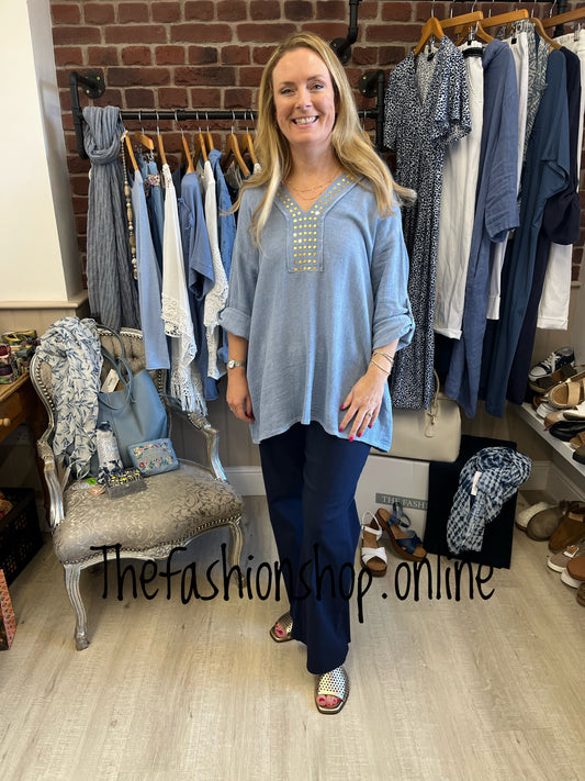 Zoe light blue linen mix studded top 12-20