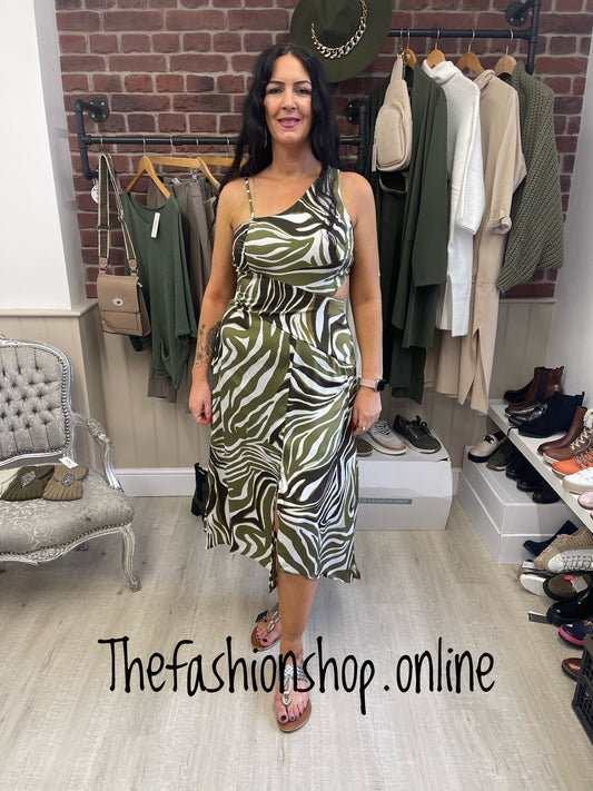 AX Paris Olive print asymmetric cut out dress sizes 8-16