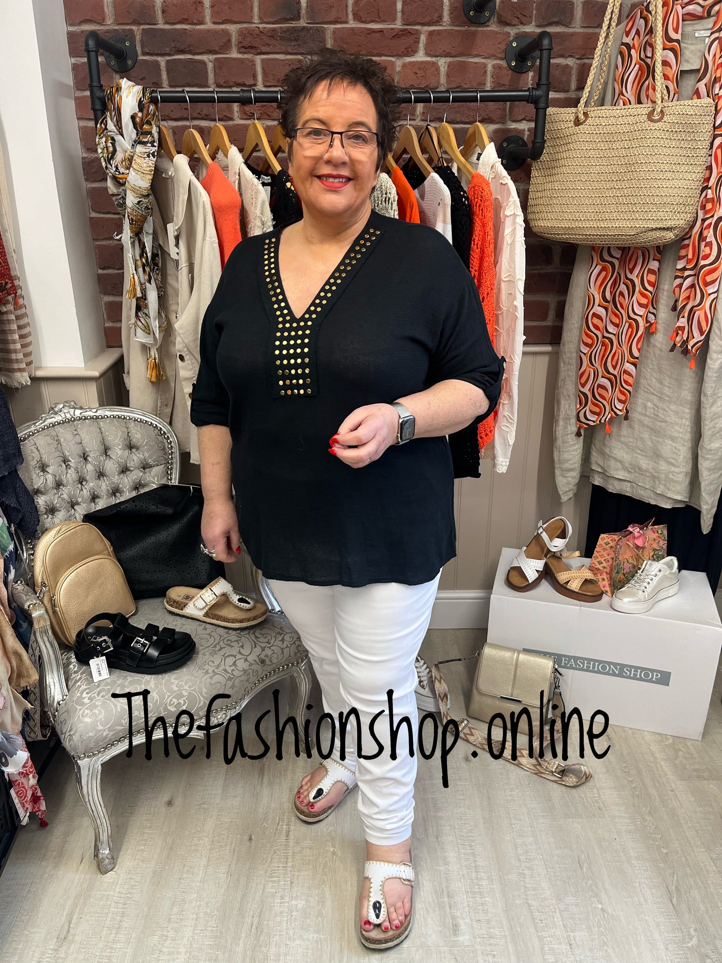 Zoe black linen mix studded top 12-20