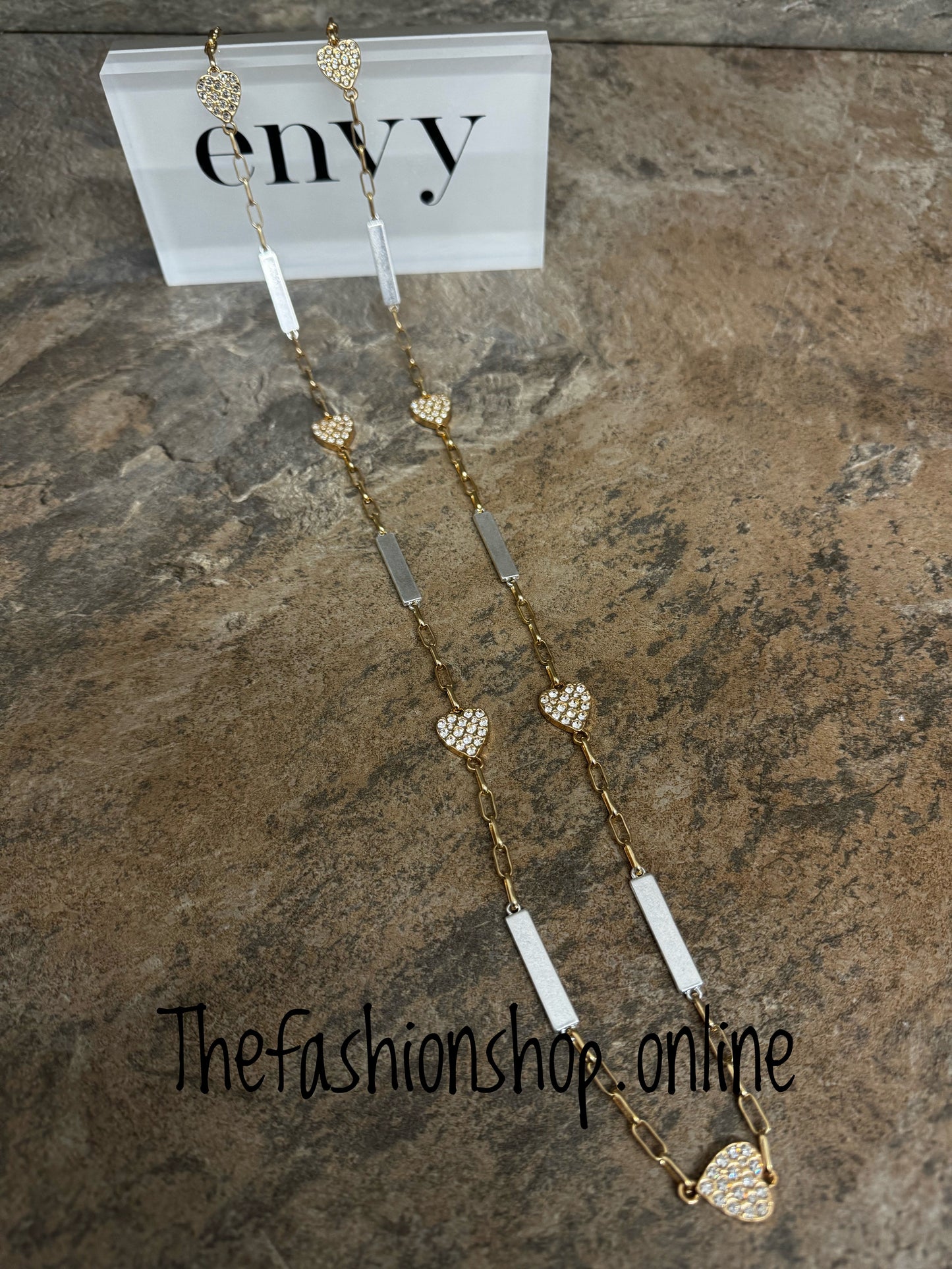 Envy long gold and silver hearts and bars necklace