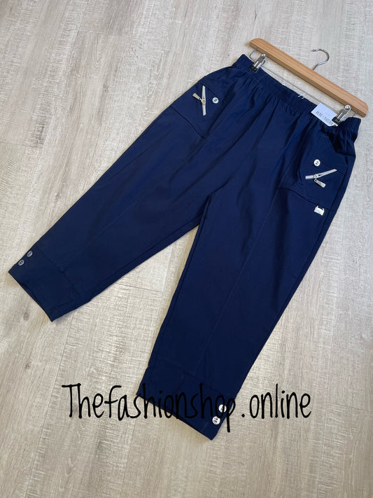 Navy zip and button stretchy cropped trousers sizes 10-22