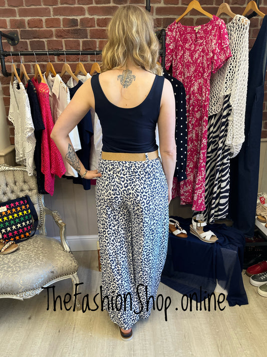 Alana navy leopard print trousers with belt 10-16