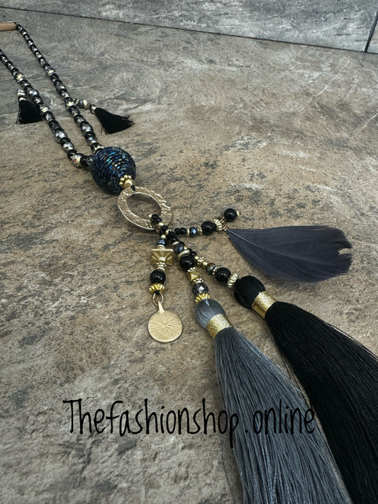 Black and Grey Tassel Necklace