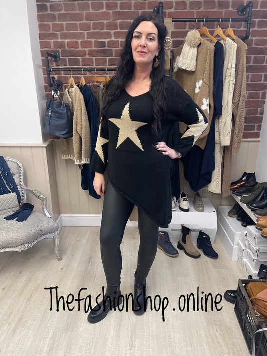 Black asymmetric wool mix star jumper 10-14