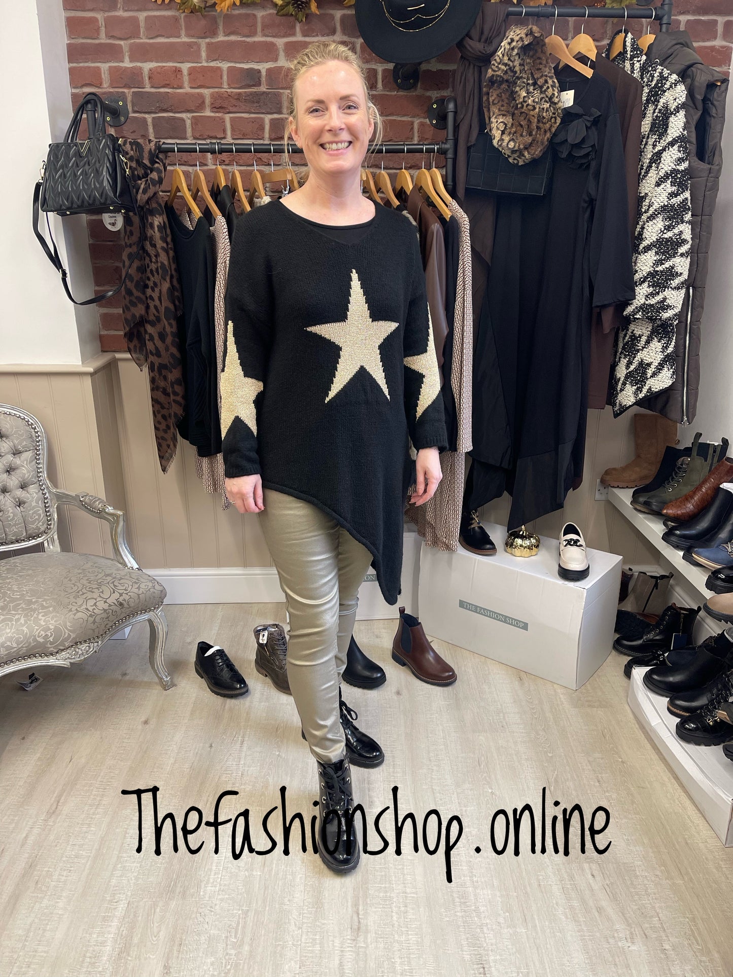 Black asymmetric wool mix star jumper 10-14