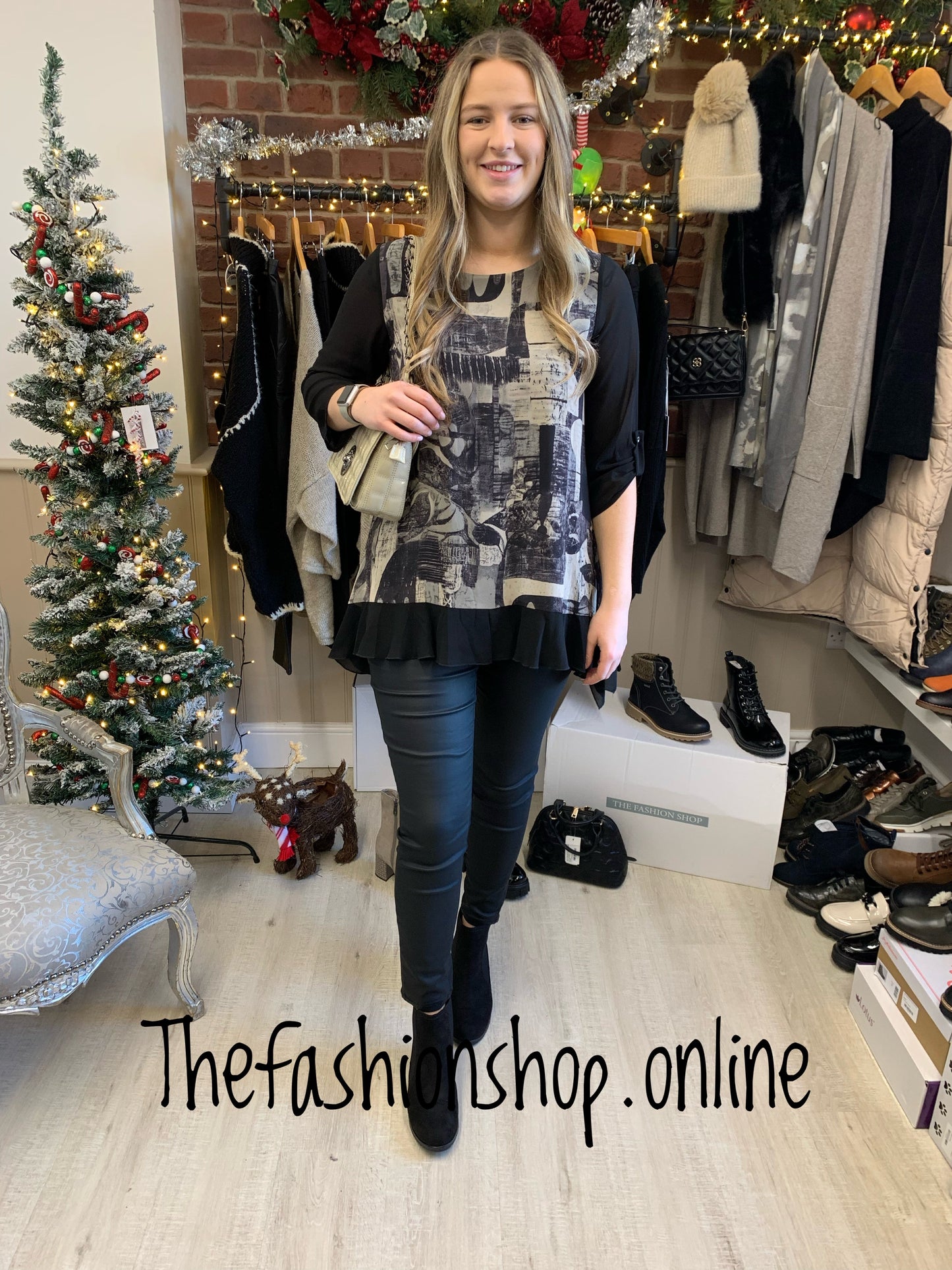 Saloos mocha and black frill hem top sizes 10-22