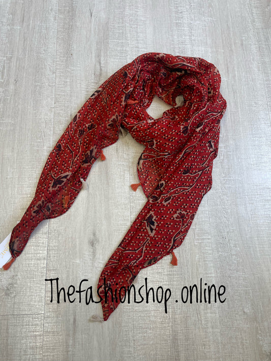 Red floral polka dot tassel scarf