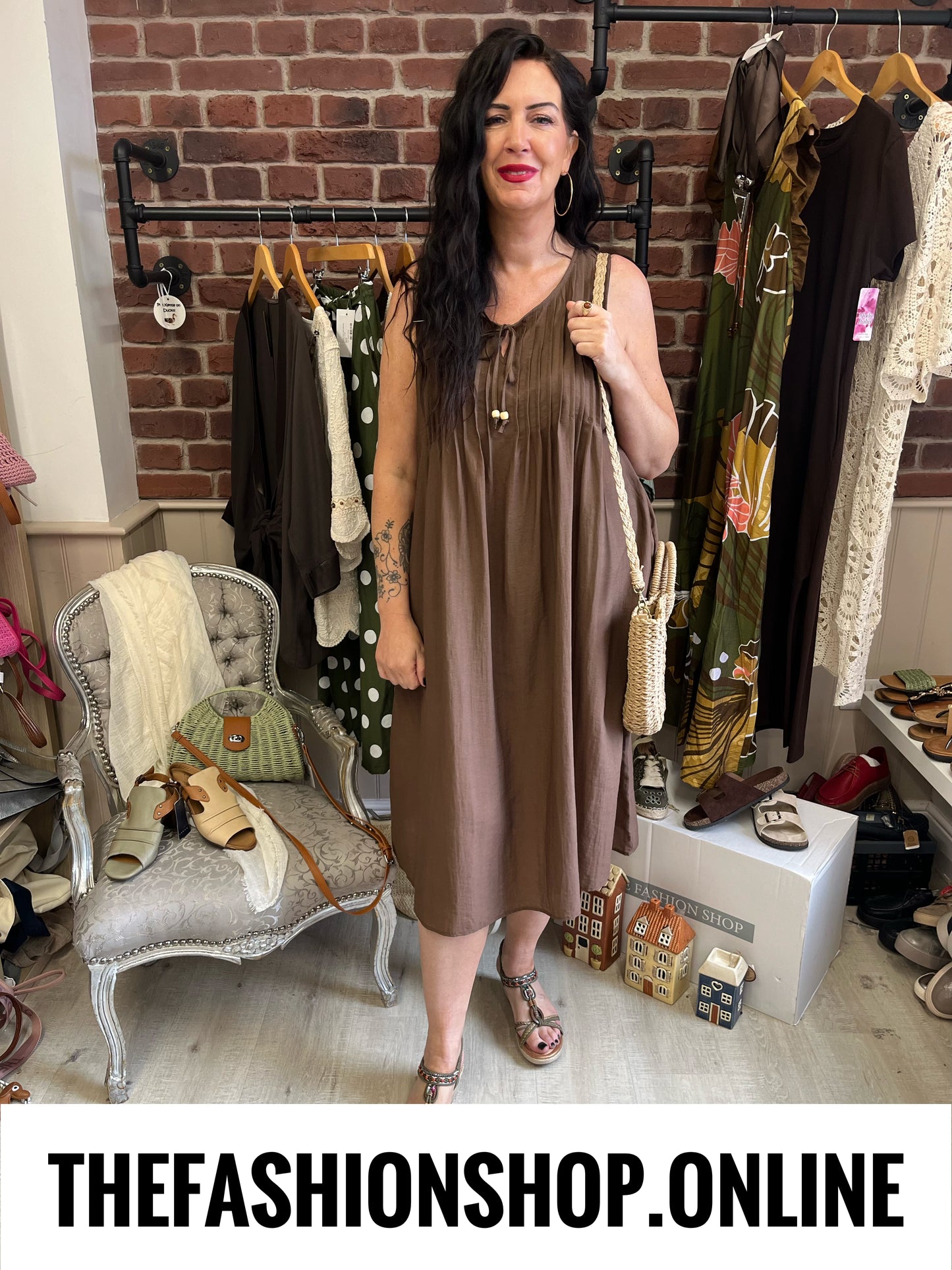 Fly Out Chocolate Brown Pin Tuck Dress 14-22