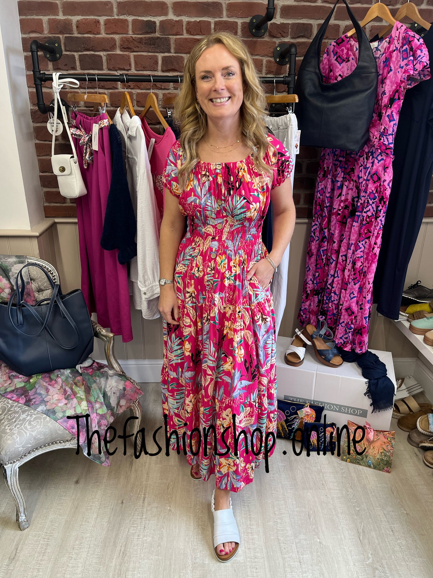 Lillie hot pink palm leaf gypsy maxi dress 8-18